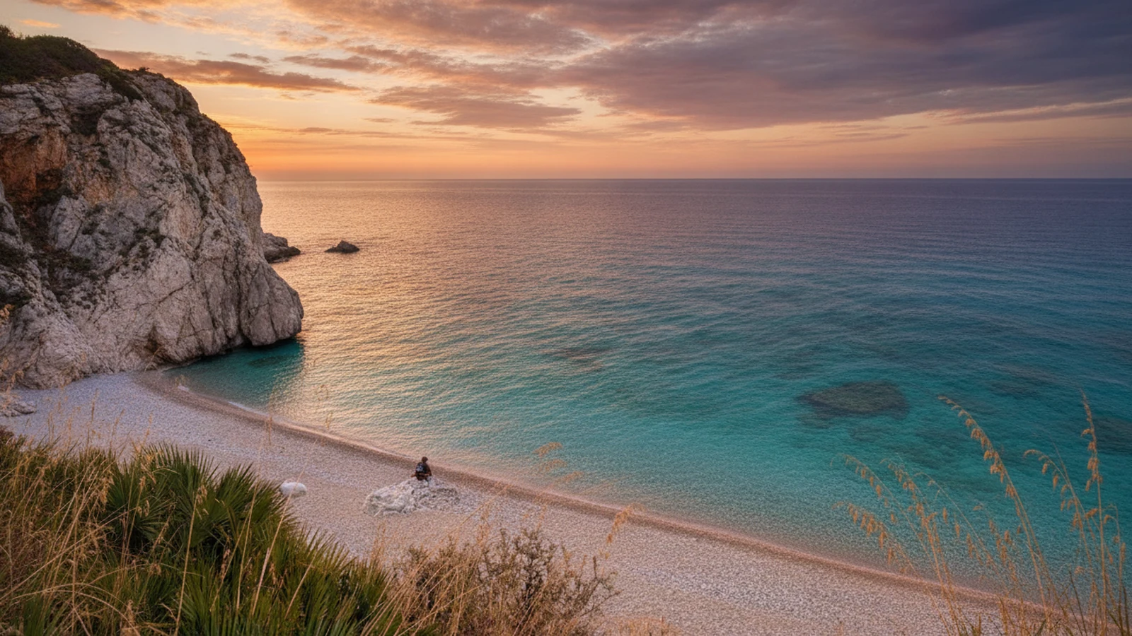 Una caletta di ciottoli della Riserva dello Zingaro, con le palme nane e il mare al tramonto
